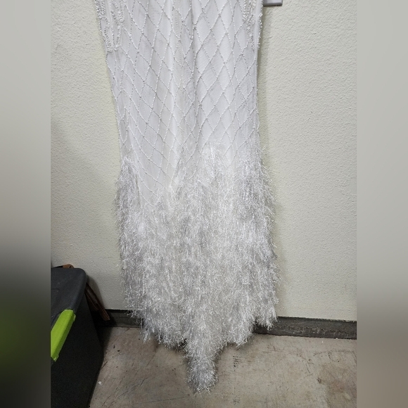 Lulus Glamorous Vow White Beaded Feather Lurex Mermaid Maxi Dress Wedding Bridal - Picture 13 of 13